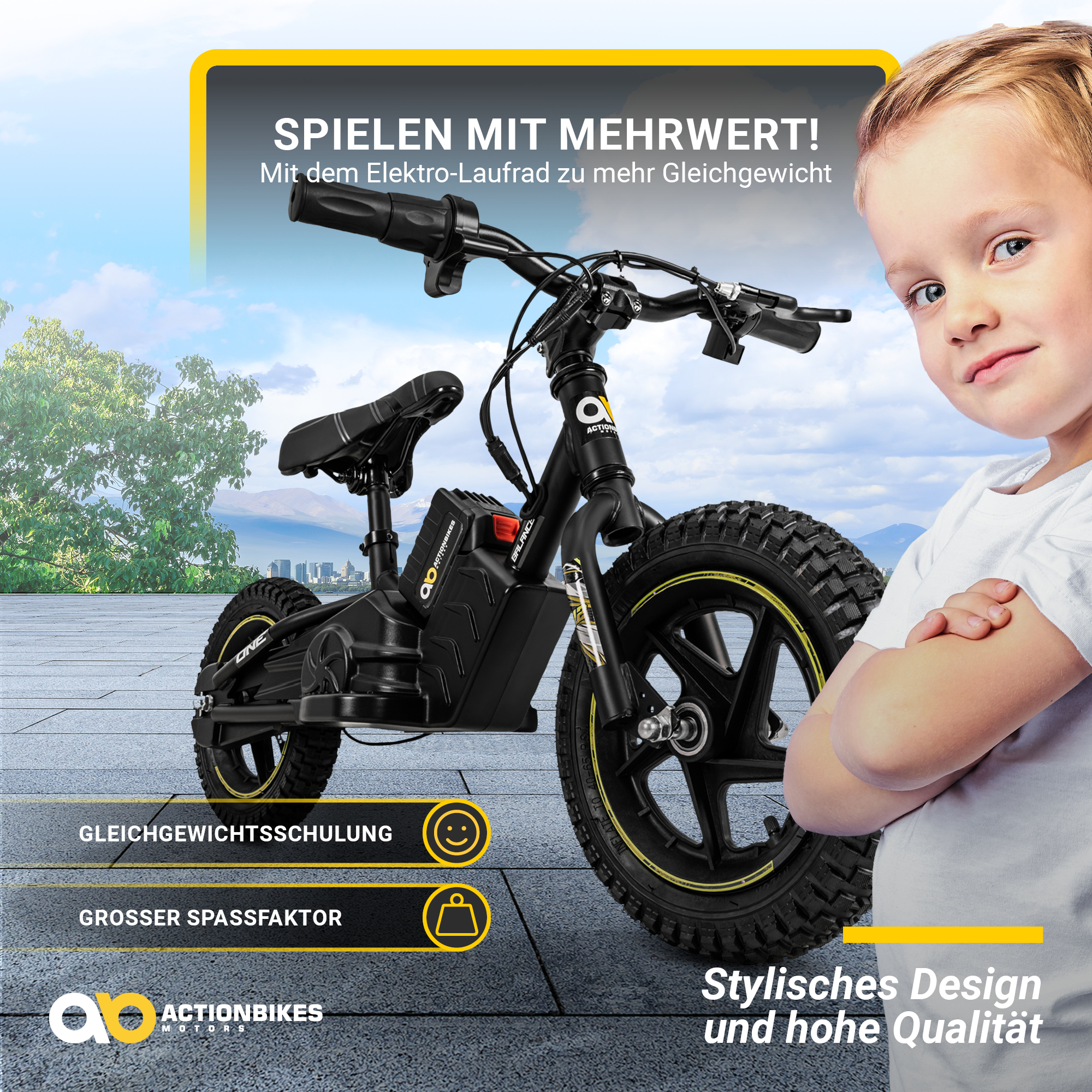 Elektro-Laufrad, 12 Zoll, Kinder-Balance-Bike m. 250 Watt, Scheibenbremsen,  3 Geschwindigkeitsstufen
